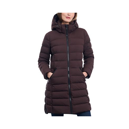 Michael Kors Womens Petite Hooded Faux-Leather-Trim Puffer Coat