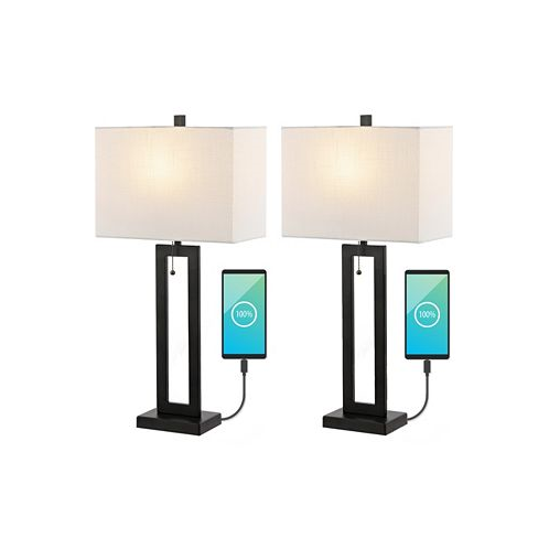 Jonathan Y Sabrina 28.5 Vintage-inspired Industrial Iron LED Table Lamp with Pull-Chain and USB Charging Port Set of 2