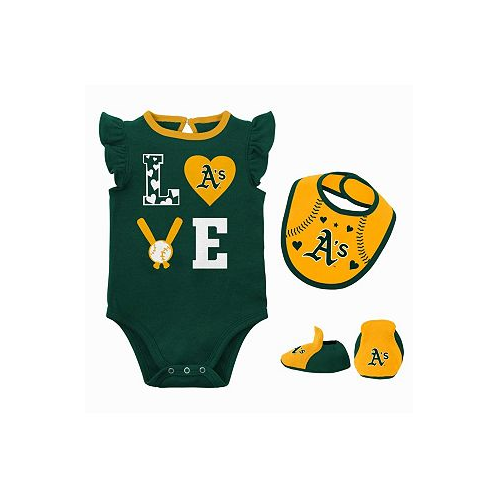 Outerstuff Newborn and Infant Boys and Girls Green Gold Oakland Athletics Three-Piece Love of Baseball Bib Bodysuit and Booties Set