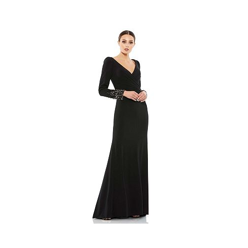 Mac Duggal Womens Beaded Cuff Long Sleeve Wrap Over Trumpet Gown