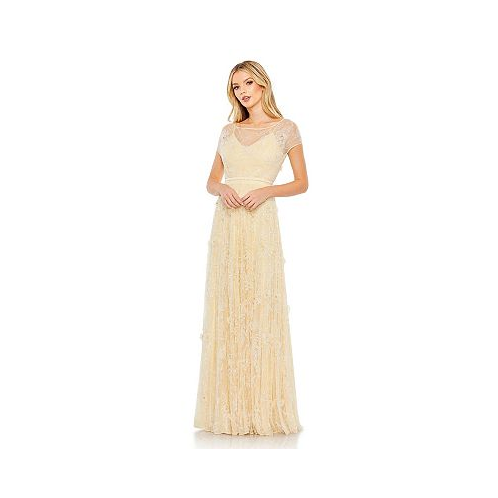 Mac Duggal Womens Embellished Illusion Cap Sleeve Gown