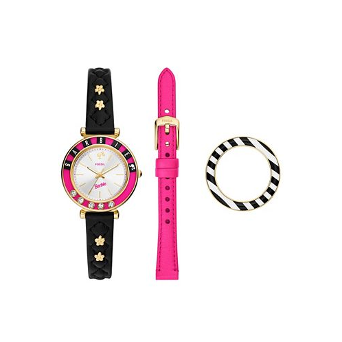 Fossil Barbie x Limited Edition Three-hand Quartz Black Litehide Leather Watch 28mm and Interchangeable Strap Set 28mm
