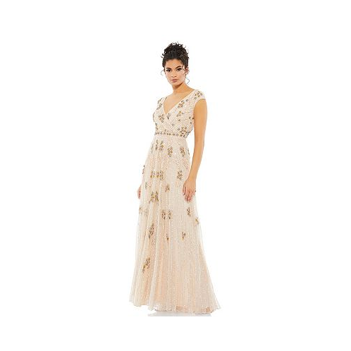 Mac Duggal Womens Embellished Wrap Over Cap Sleeve A-Line Gown