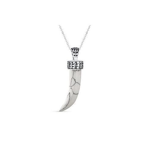 Bling Jewelry Tooth Amulet White Grey Howlite Gemstone Cornicello Italian Horn Pendant Necklace Western Jewelry For Men Oxidized Sterling Silver Scroll