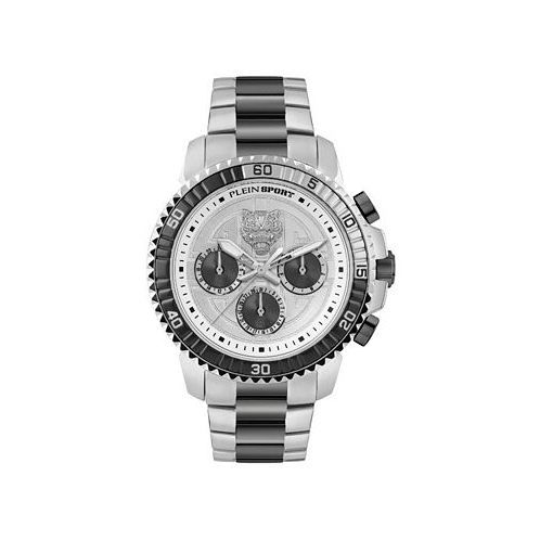 Plein Sport Mens Chronograph Date Quartz Powerlift Black and Silver-Tone Stainless Steel Bracelet Watch 45mm