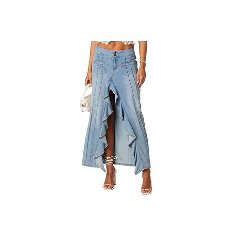 Edikted Womens Valencia Ruffle Slitted Denim Maxi Skirt