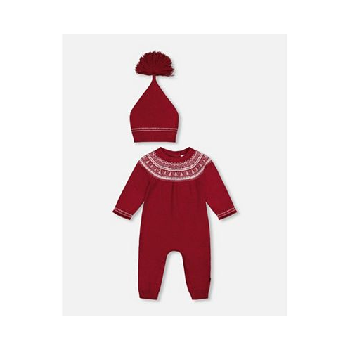 Deux par Deux Baby Girl Knitted Icelandic One Piece And Hat Set Burgundy - Infant