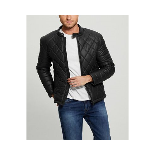 GUESS Mens Stretch Faux Leather Biker Collar Jacket