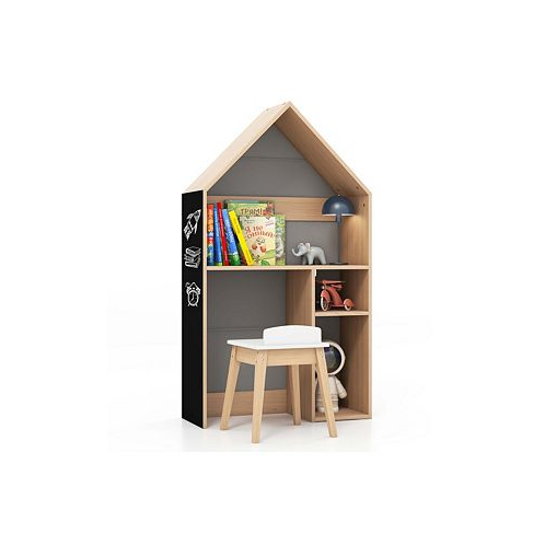 Costway Kids House-Shaped Table & Chair Set Wooden Toy Organizer Cabinet with Blackboard
