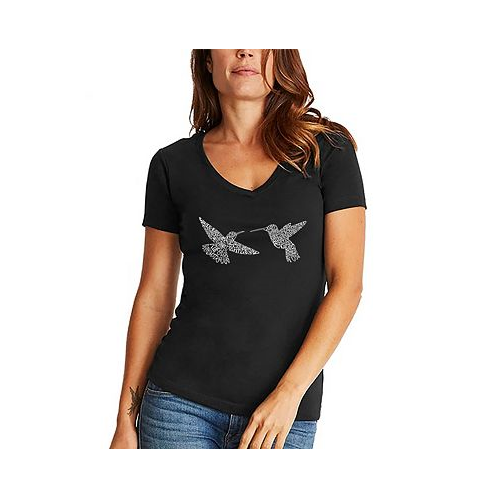 LA Pop Art Womens Hummingbirds Word Art V-neck T-shirt