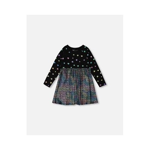 Deux par Deux Girl Bi-Material Long Sleeve Dress Black Metallic Fabric & Colorful Hearts Foil Print - Toddler|Child