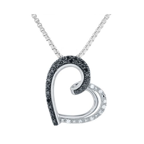 Macys Black & White Diamond Stylized Heart Drop 18 Pendant Necklace (1/6 ct. t.w.) in Sterling Silver