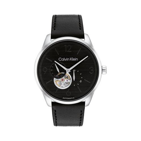 Calvin Klein Mens Automatic Black Leather Strap Watch 44mm