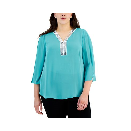 JM Collection Plus Size Sequined-Neck 3/4-Sleeve Top