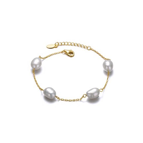 Genevive Sterling Silver 14k Yellow Gold Plated with Gray Freshwater Pearl Station Bracelet with Adjustable Extension Chain