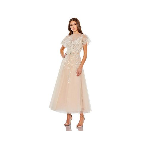 Mac Duggal Womens s Embellished Flutter Sleeve Bow Waist A Line Dress