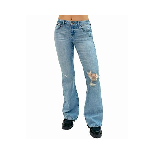 Rewash Womens Low-Rise Distressed Flare Jeans