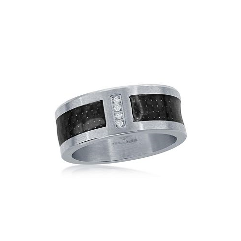 Metallo Stainless Steel Black Carbon Fiber CZ Ring