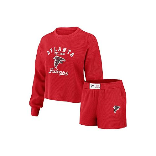 WEAR by Erin Andrews Womens Red Distressed Atlanta Falcons Waffle Knit Long Sleeve T-shirt and Shorts Lounge Set