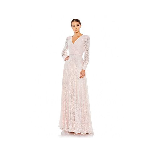 Mac Duggal Womens Beaded Lace Long Sleeve Wrap Over Gown