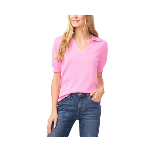 CeCe Womens Short Sleeve Collared Polo V-Neck Sweater