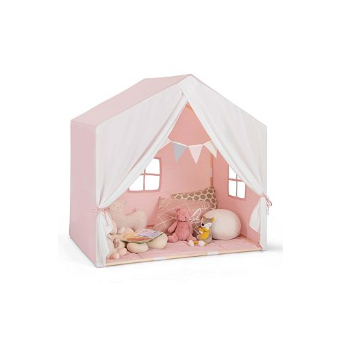 Costway Kids Play Tent Toddler Playhouse Castle Solid Wood Frame with Washable Mat