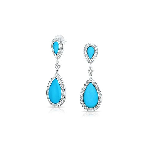 Bling Jewelry Blue Pear Shaped CZ Halo Simulated Turquoise Statement Dangle Chandelier Teardrop Earrings For Women Rhodium Plated Brass