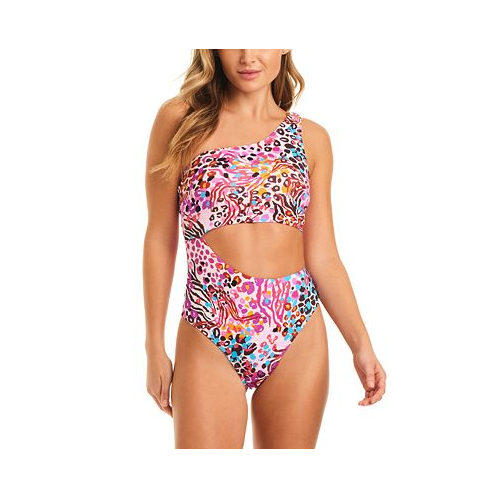 Jessica Simpson Womens Abstract-Print One-Shoulder Swimsuit