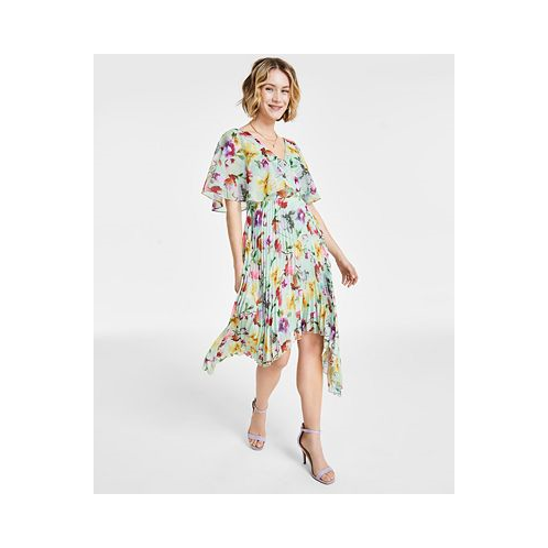 Kensie Womens Pleated V-Neck Floral-Print Chiffon Dress