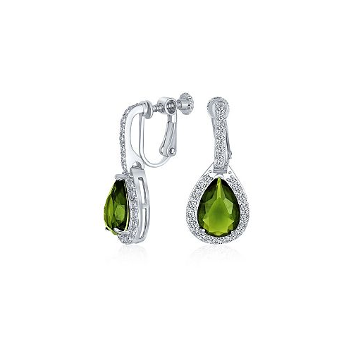 Bling Jewelry 7CT Style Halo Simulated Green Peridot Cubic Zirconia CZ Dangle Drop Teardrop Screw Back Clip On Earrings Prom Bridesmaid Wedding Rhodium Plated