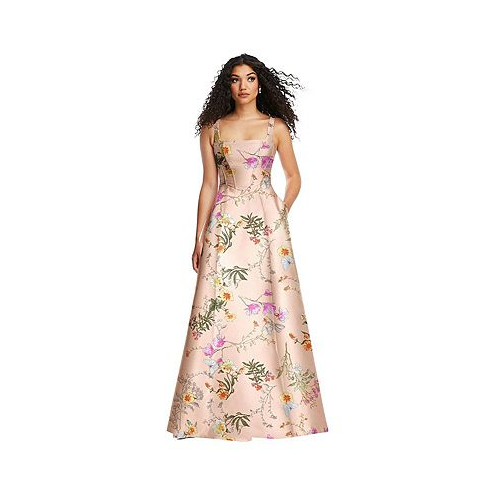Alfred Sung Womens Boned Corset Closed-Back Floral Satin Gown with Full Skirt