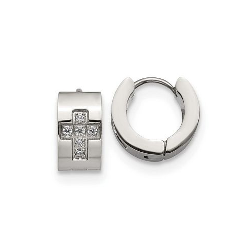 Chisel Stainless Steel Polished with CZ Cross Hinged Hoop Earrings