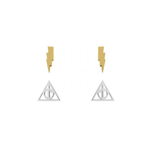 Harry Potter Gold and Silver Flash Plated Stud Earring Sets - Lighting Bolt and Deathly Hallows - 2 Pairs
