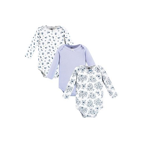 Hudson Baby Baby Girls Cotton Long-Sleeve Bodysuits Blue Toile 3-Pack