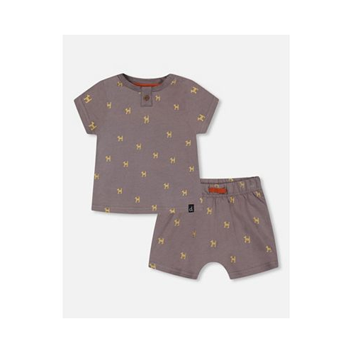 Deux par Deux Baby Boy Organic Cotton Top And Short Set Dark Grey With Printed Pixel Dog - Infant