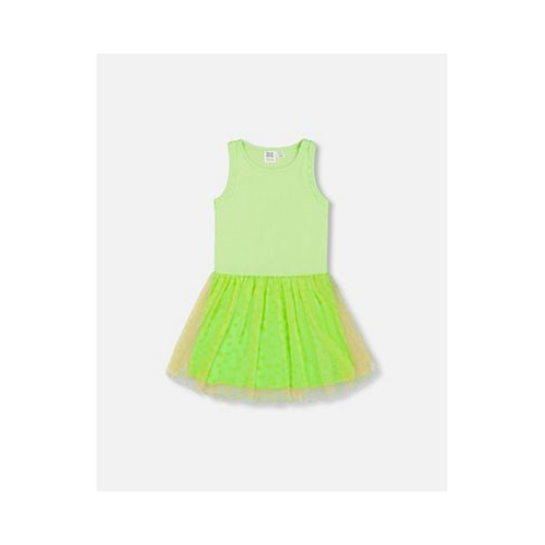 Deux par Deux Girl Shiny Ribbed Dress With Mesh Flocking Flowers Lime - Toddler Child