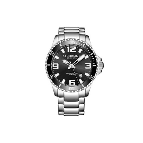 Stuhrling Mens Stainless Steel Case on Link Bracelet Black Bezel Watch Black Dial with White and Silver Accents