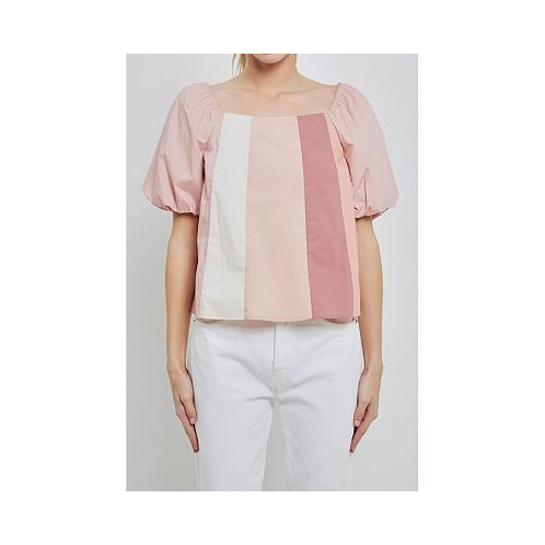 English Factory Womens Color Blocked Top with Short Puff Sleeves