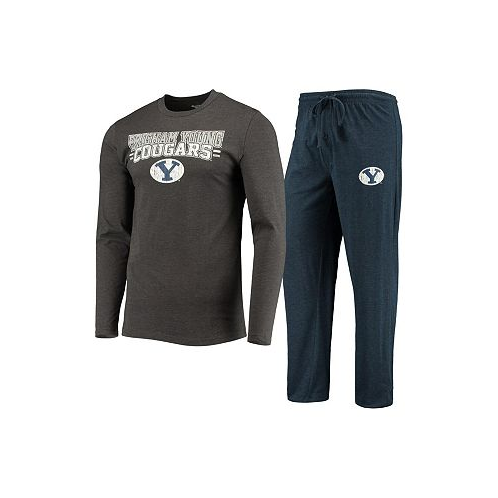 Concepts Sport Mens Navy Heathered Charcoal Distressed BYU Cougars Meter Long Sleeve T-shirt and Pants Sleep Set