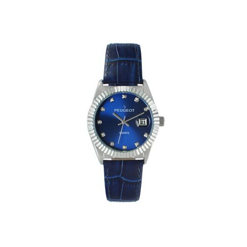 Peugeot Womens 36mm Blue Fluted Bezel Watch with Leather Strap