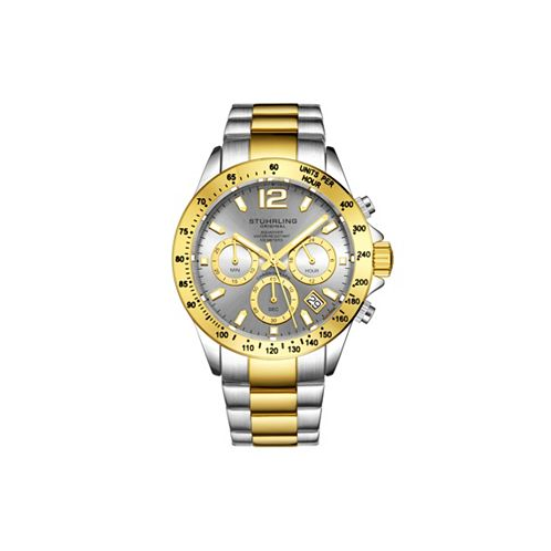 Stuhrling Mens Chronograph Watch Silver Case Gold Toned Bezel Grey Dial TT Silver And Gold Stainless Steel Bracelet