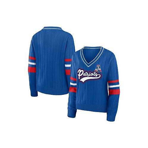 WEAR by Erin Andrews Womens Royal Distressed New England Patriots Throwback V-Neck Sweater
