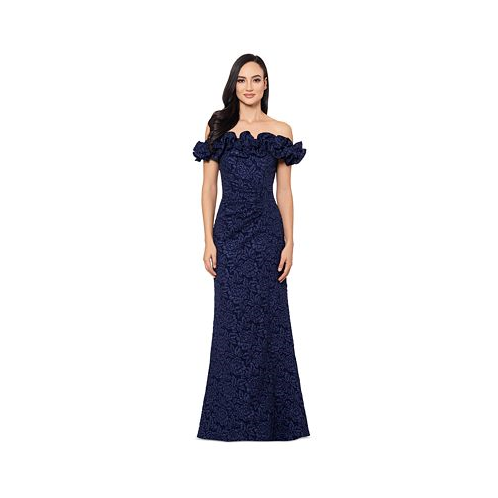 XSCAPE Womens Off-The-Shoulder Floral Brocade Gown