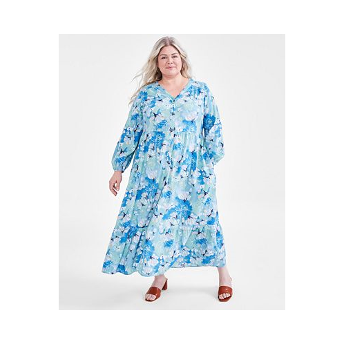 Style & Co Plus Size Floral-Print Tiered Linen-Blend 3/4-Sleeve Dress