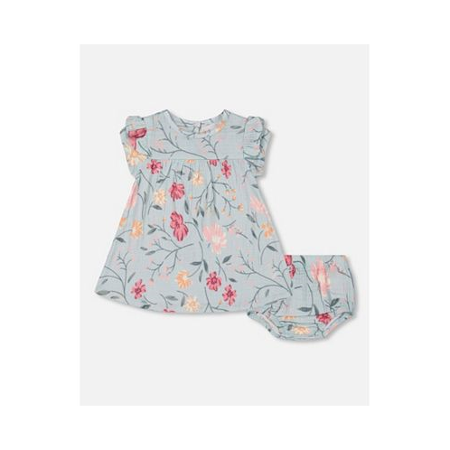 Deux par Deux Baby Girl Muslin Dress And Bloomers Set Light Blue With Printed Romantic Flowers - Infant