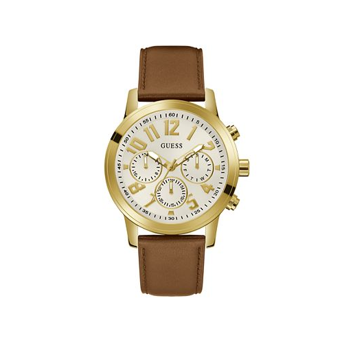GUESS Mens Analog Brown Genuine Leather Watch 44mm