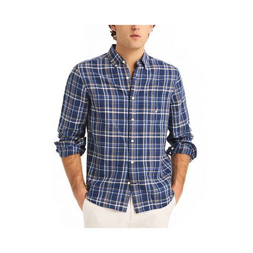 Nautica Mens Classic-Fit Linen-Blend Plaid Long-Sleeve Shirt