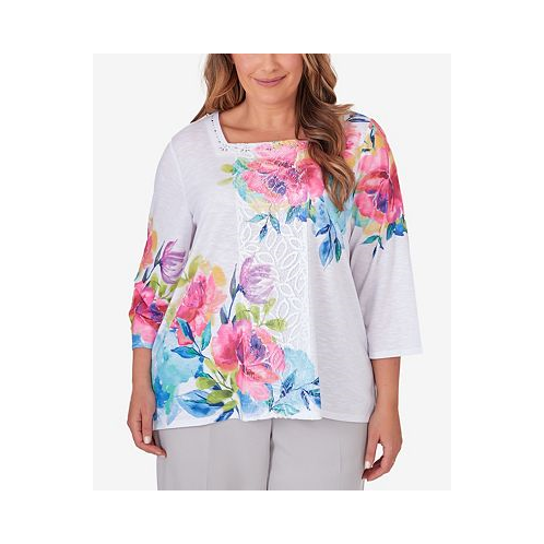Alfred Dunner Plus Size Paradise Island Long Sleeve Flower Lace Top