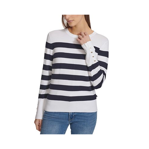 Nautica Jeans Womens Striped Button-Cuff Crewneck Sweater
