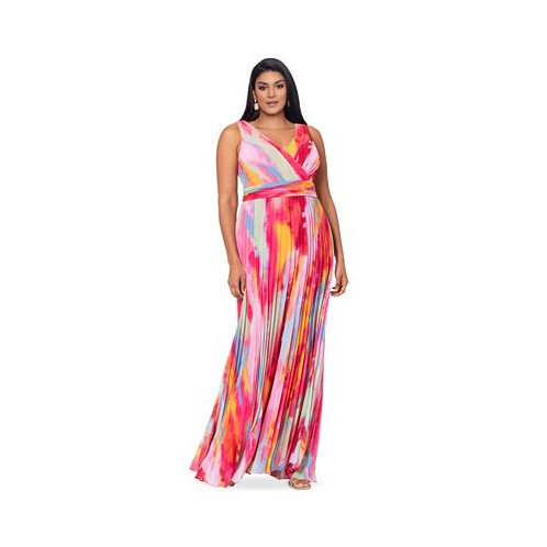 XSCAPE Plus Size Printed V-Neck Ruched-Waist Pleated Gown